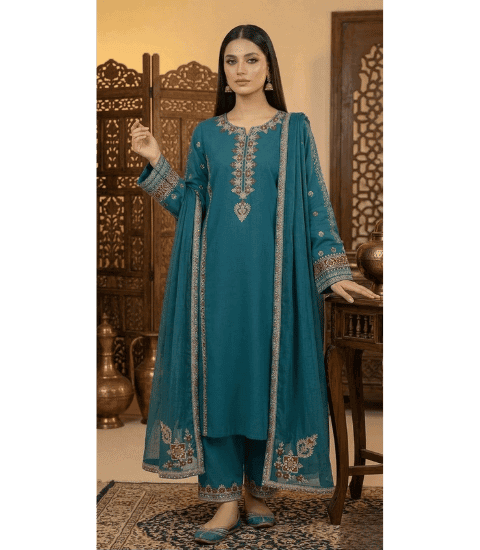 Teal Majesty — Inked Wear Women's Cotton 3-Piece Embroidered Suit