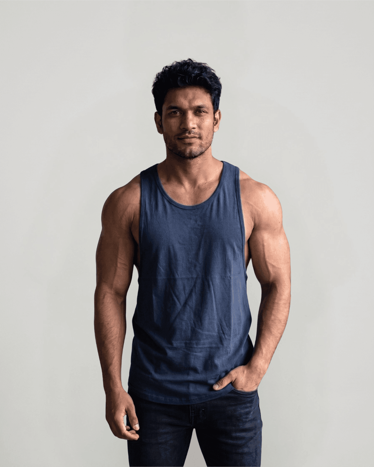 Classic Scoop Hem Navy Blue Y-Back Gym Stringer